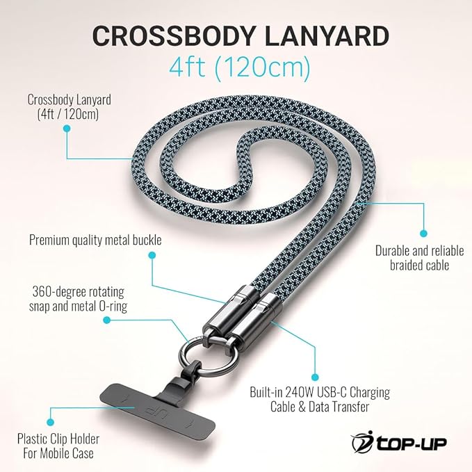 TOP-UP Lanyard – Cell Phone Strap with 240W USB C Charging & Data Cable – Durable Travel Essentials for iPhone 17/16/15