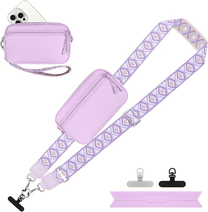 Clip and Go Strap for Phone with Wallet Crossbody, Adjustable Phone Lanyard with Detachable RFID Wristlet Wallet, Pattern Strap - Light Purple(L)