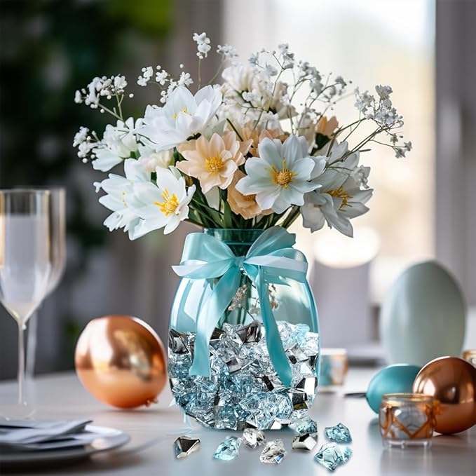 HappyFiller Christmas Vase Fillers,14 OZ Clear,Sea Blue,Silver Mix Color Fake Ice Rocks Cubes Acrylic Gems Stones for Winter Decorations,Wedding Centerpieces Table Scatters,Crafts,Home Accents