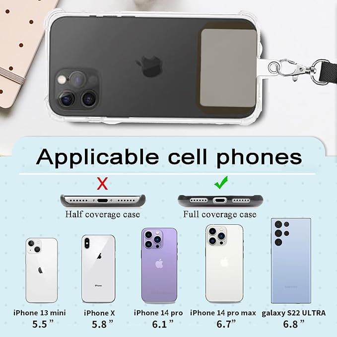 Phone Lanyard, Phone Lanyards for Around the Neck, 2 in 1 Phone Strap with Silicone Phone Holder and Patch, Fits iPhone and Most Cell Phones (Black)
