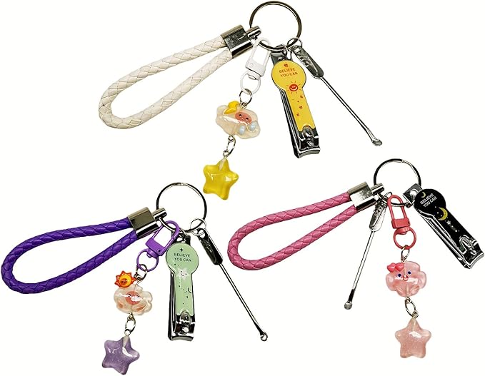 Cute Keychain with Nail Clipper Ear Pick for Women Girls Cute Key Chain Wristlet Cartoon Keychain Lanyard