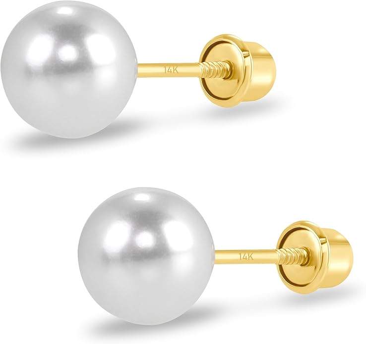 14k Gold Pearl Stud Earrings for Women (3mm-6mm Diameter) - Freshwater Pearl, Real Solid 14k Gold, Secure Screw Back Design