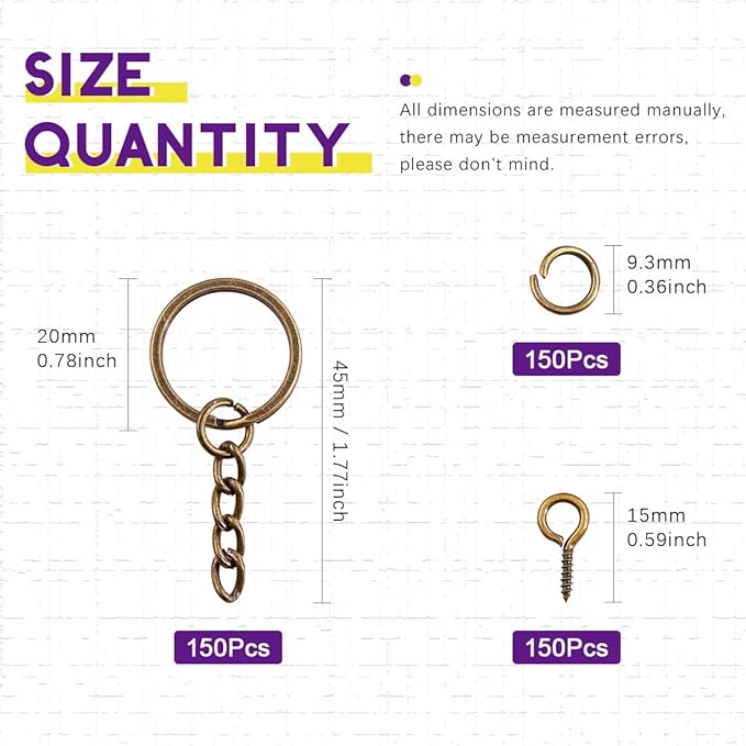 Swpeet 450Pcs 4/5 Inch 20mm Bronze Flat Key Chain Rings Kit, Including 150Pcs Split Keychain Rings with Chain and 150Pcs Jump Ring with 150Pcs Screw Eye Pins Bulk for Jewelry Findings Making