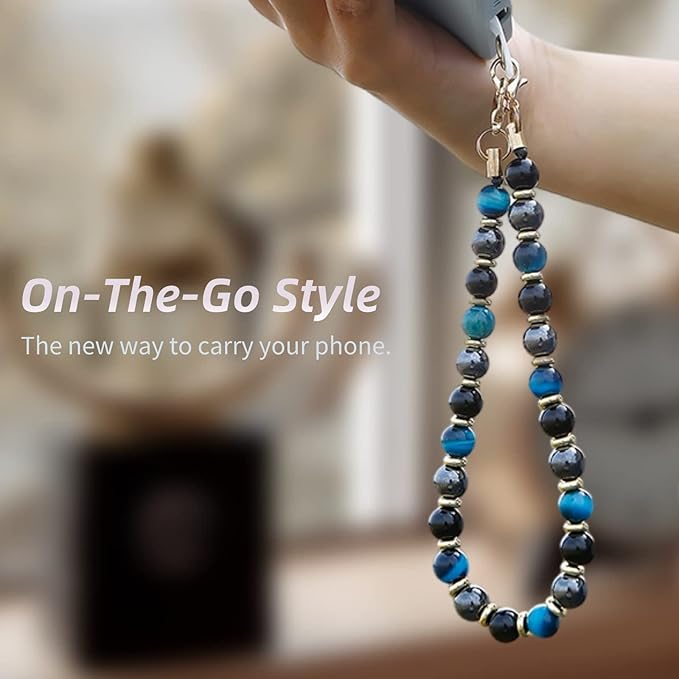 Marble Beaded Phone Wrist Strap,Detachable Phone Bracelet Strap with Tether Tab,Hands-Free Wristlet Strap (Blue Tiger Eye)