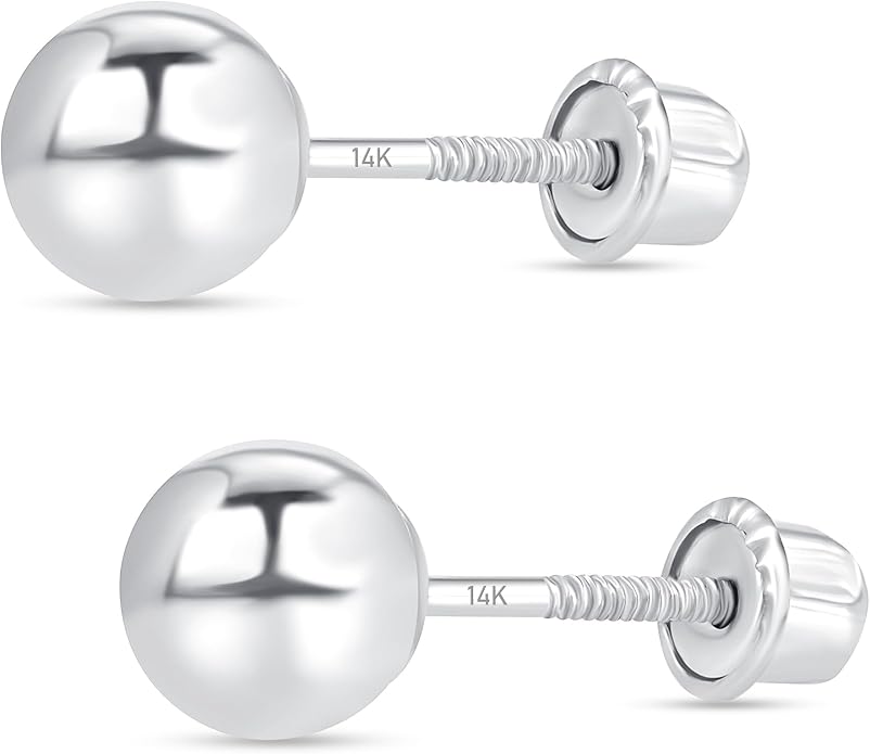 14k Real White Gold Ball Stud Earrings for Women & Men (2mm-8mm Diameter) - Real 14k Gold, Secure Screw Back Design
