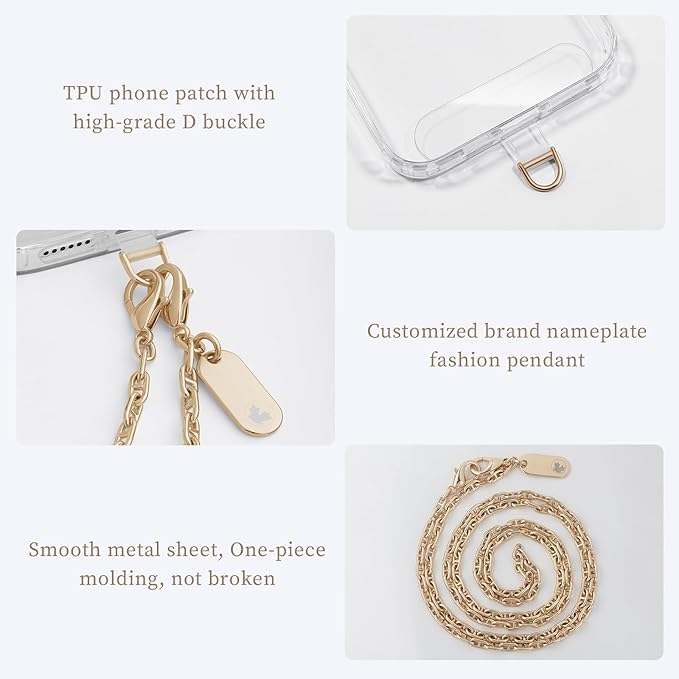 UKON Phone Chain Crossbody Cellphone Lanyard Fashion Phone Strap Lightweight Crossbody lanyard with 2xTPU Tether Tab for Women Shopping Traveling Party（gold）
