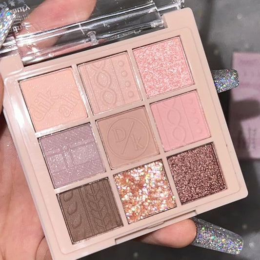 AMY'S DIARY Matte Shimmer Pink Eye Shadow Palette Makeup,Eyeshadow Long Lasting Waterproof Cruelty-Free, 9 Blendable Shades in Smooth Matte and Shimmer Finishes with Gorgeous Pearls for Girls (16#)