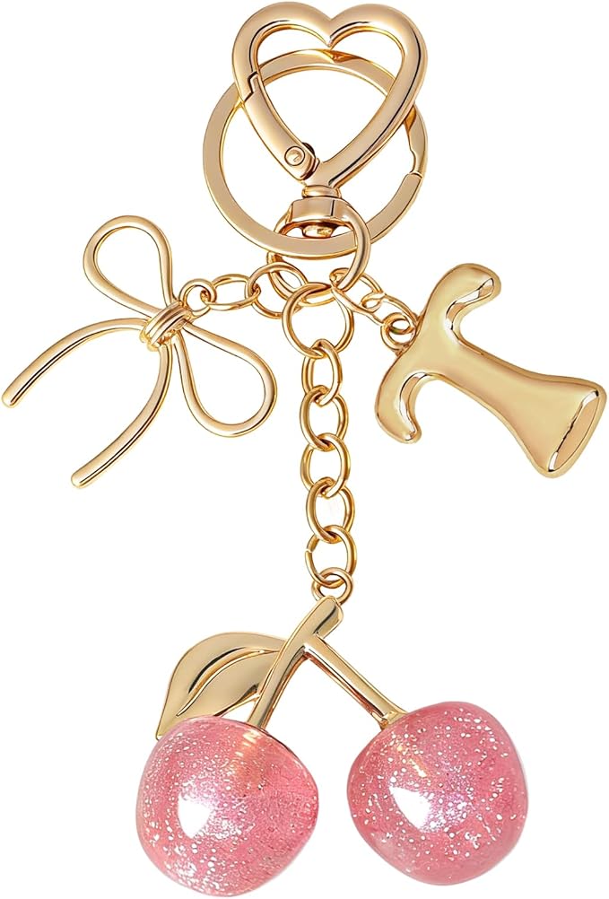 Snycler Bubble Initial Keychain with Cherry & Bow - Gold Letter Bag Charms for Women, Cute Purse Handbag Accessories