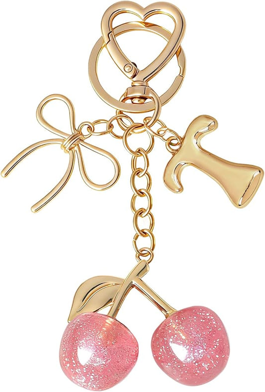 Snycler Bubble Initial Keychain with Cherry & Bow - Gold Letter Bag Charms for Women, Cute Purse Handbag Accessories