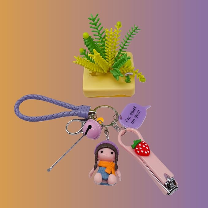 Cute Keychain with Nail Clipper Ear Pick for Women Girls Cute Key Chain Wristlet Cartoon Keychain Lanyard