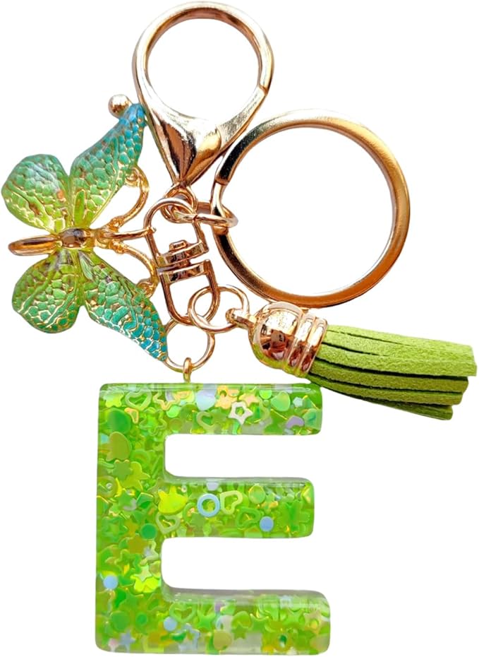 Cute Initial Letter Keychains for Women Girls Tassel Butterfly Pink Purple Green Keychain for Backpack School Bag