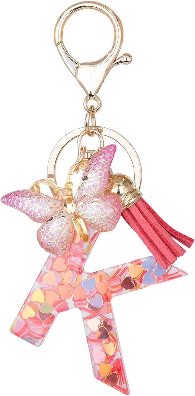 Initial Keychain Cute Pink Resin Letter and Butterfly Charms Keychains for Backpack Purses