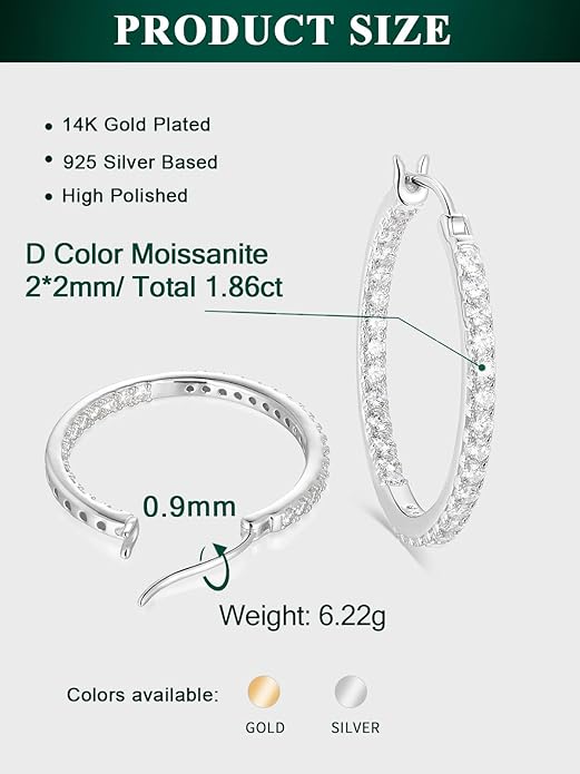 Wyyxl Womens Diamond Hoop Earrings, 20/25/30mm Small Hoop Sterling Silver Based Hypoallergenic Huggie Stud, Sparkle Moissanite 5a Cubic Zirconia Earings Jewelry for Woman Daily Party Wear