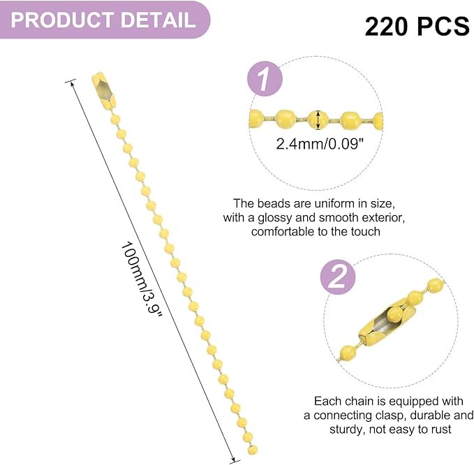 uxcell 220pcs Metal Ball Bead Chain, 100mm Long Bead Connector Clasp Dog Tag Hanging Chain for Key Chains Tags Craft Projects Jewelry Making, Yellow