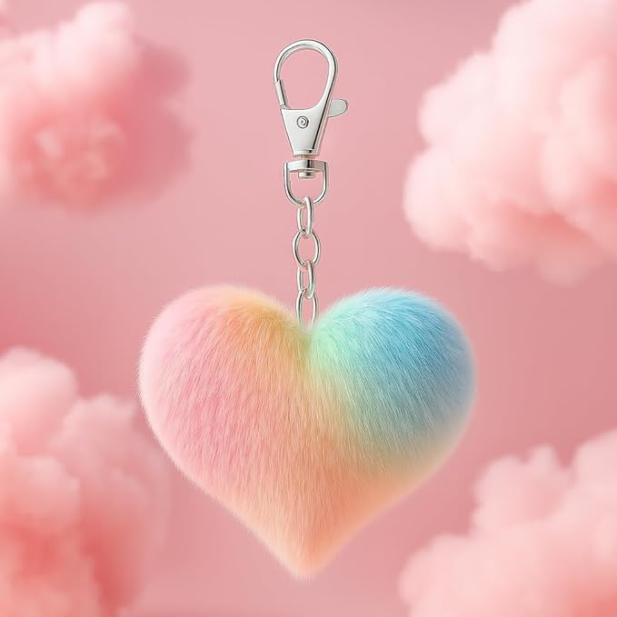 Heart Keychain – Fluffy Rainbow Heart Keychains Bag Charms for Women with Pink Orange Yellow Green Blue Gradient Plush and Soft Touch, Cute Key Chains Gifts for Rainbow Lovers