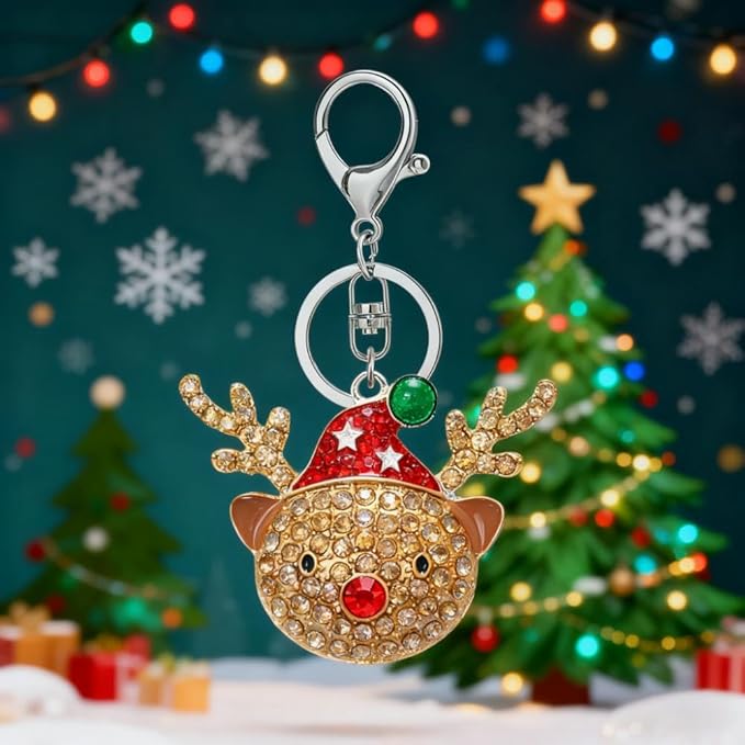 Dreuyet Christmas Keychain Rhinestone Crystal Christmas Tree Santa Purse Bag Handbags Charms for Women Lady Friends
