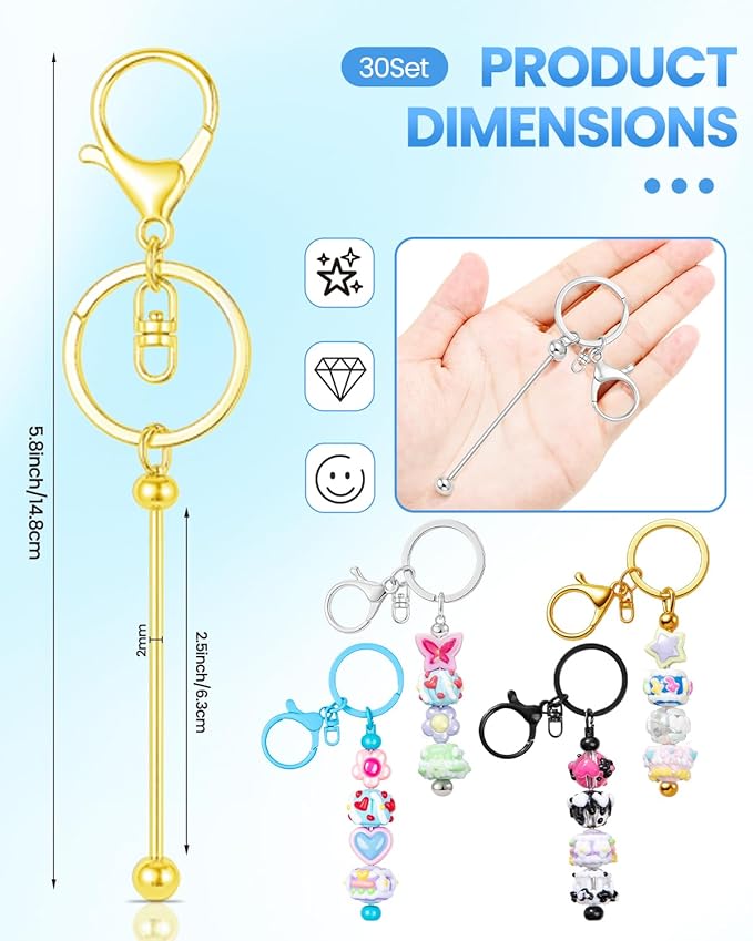 RQAYE 30pcs Beadable Keychains Keychain Bulk kit Cute Blank Bead Keychain Strip DIY Men's and Women's Making Supplies Crafts, Jewelry, Bag Accessories, Customized Project Gifts (Gold)