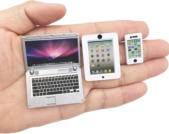3 Pack Dollhouse Mini Laptop Tablet and Smart Phone Scene Computer Simulation Accessories for Doll 1/6 1/12 Miniatures Silver