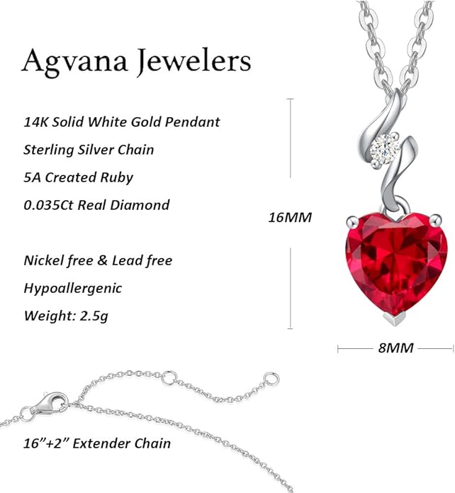 AGVANA Christmas Gifts 14K Solid White Gold Diamond Gemstone Pendant with Sterling Silver Chain 8mm Heart Birthstone Necklace Fine Jewelry Anniversary Birthday Gifts for Women Mom Wife