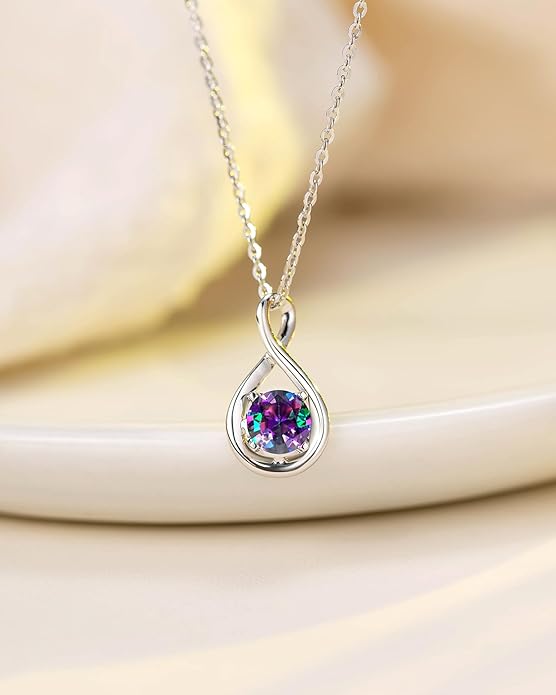 FANCIME 14K Solid Gold Birthstone Pendant with Sterling Silver Chain Infinity Gemstone Necklace Fine Jewelry Anniversary Birthday Christmas Gifts for Women Wife Her