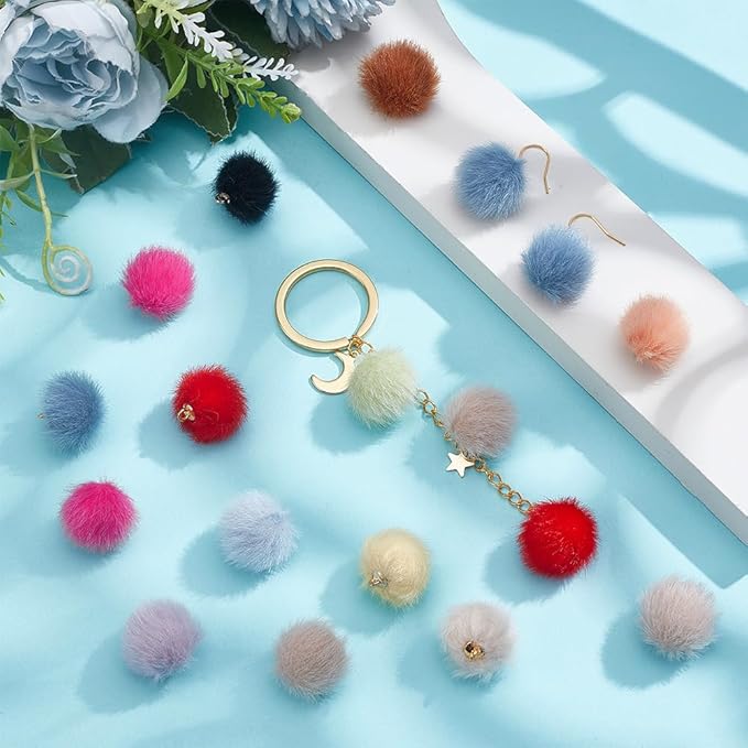 PH PandaHall 96PCS Pom Poms Charm, 16 Colors Pompoms Charm Fabric Fur Metallic Pompoms Pendants DIY Ball Charms with Iron Loops for Dangle Tassel Earrings Charms Pendant Jewellery Making