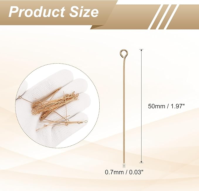 HARFINGTON 100pcs Open Eye Head Pins 1.97" 50mm Mini Metal Wire Eye Pins Beading Small Needles Bulk for Earring Pendant Necklace Bracelet Charm Jewelry Making Findings, Champagne Gold