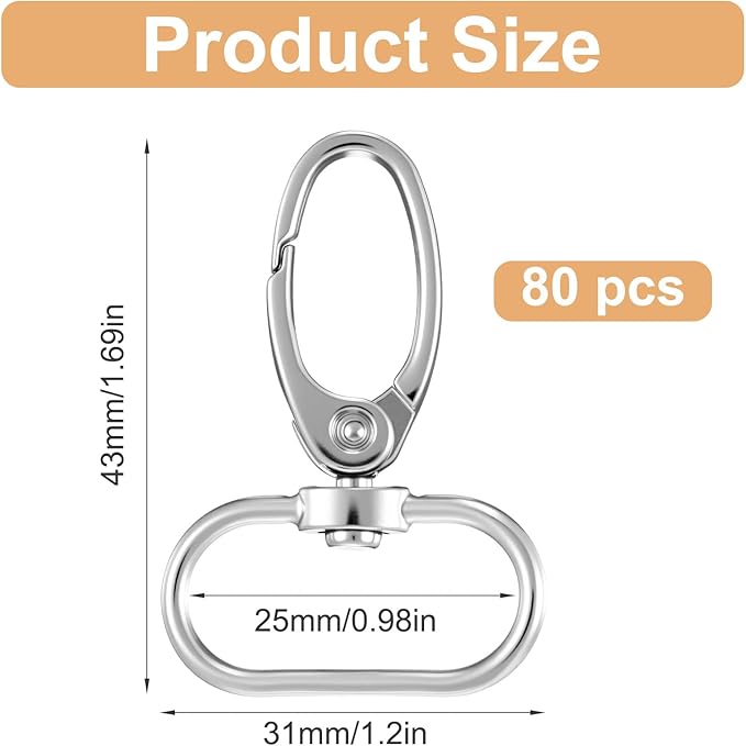 80 Pack 1 Inch Swivel Clasp Silver Lobster Claw Clasps for Keychains Lanyard Clips D Ring Keychain Clip Swivel Snap Hooks for Key Chain, Crafts and Purse DIY Lanyard Making