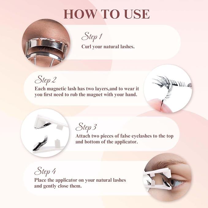 GEMERRY Magnetic Eyelashes with Applicator 2 Pair Magnetic Lashes No Glue Natural Look Lash Clusters Kit False Eyelashes Cat Eye Easy to Wear and Remove No Glue No Eyeliner Needed Soft Strip Lashes