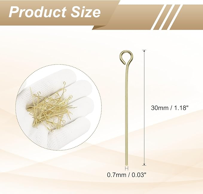 HARFINGTON 100pcs Open Eye Head Pins 1.18" 30mm Mini Metal Wire Eye Pins Beading Small Needles Bulk for Earring Pendant Necklace Bracelet Charm Jewelry Making Findings DIY Craft, 14K Gold