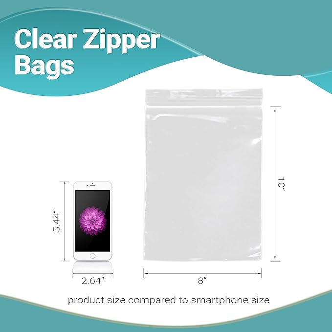 APQ Clear Plastic Reclosable Zipper Bags, 8 x 10 Inches. Pack of 1000 Reclosable Plastic Bags with Zipper Closure. 2 Mil Plastic Jewelry Bags. Waterproof Reclosable Zip Bags for Industrial Use