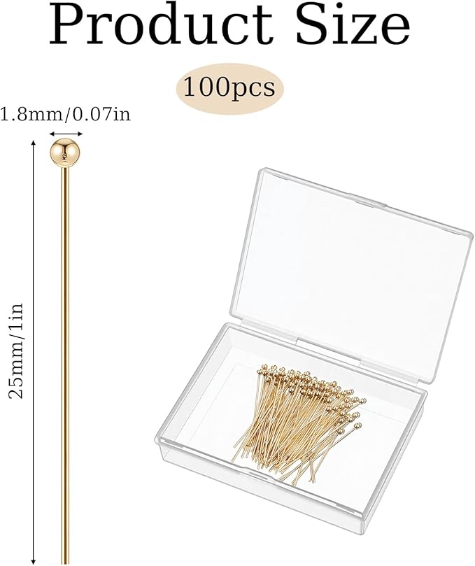 100 Pcs Gold Plated Ball Head Pins 25mm Brass Wire Needle 22 Gauge Stainless Steel End Headpins Jewelry Making Pins for DIY Charm Braceles Earrings Necklaces