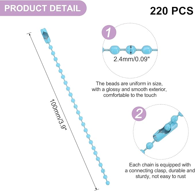 uxcell 220pcs Metal Ball Bead Chain, 100mm Long Bead Connector Clasp Dog Tag Hanging Chain for Key Chains Tags Craft Projects Jewelry Making, Light Blue