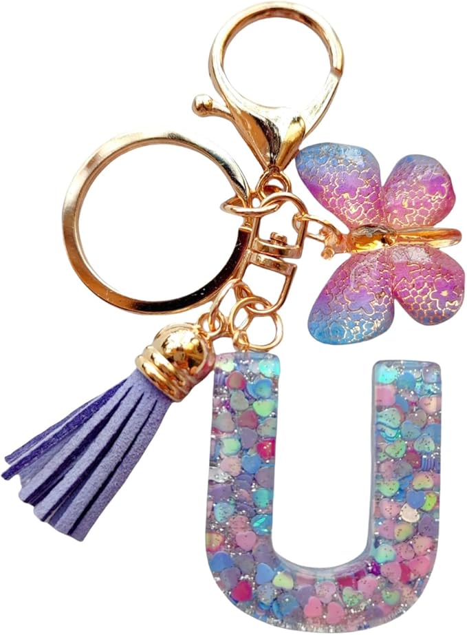 Cute Initial Letter Keychains for Women Girls Tassel Butterfly Pink Purple Green Keychain for Backpack School Bag