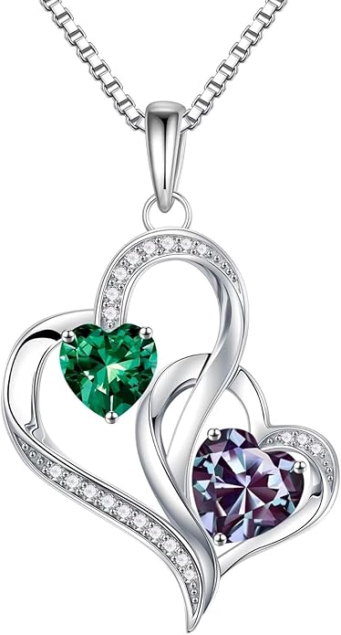 Iefil Valentines Day Gifts for Her, Birthstone Necklace for Women, 925 Sterling Silver Double Birthstone Necklace | Anniversary Birthday Gifts | Personalized Jewelry Gift for Wife Mom Girlfriend