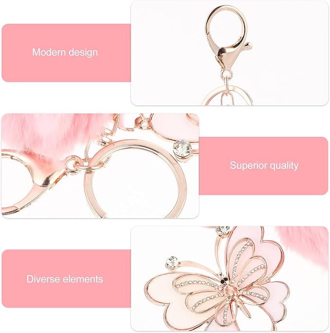 SUPVOX Diamond-encrusted Fur Ball Key Chain Pendant Butterfly Charm Pink Fuzzy Ball Key Ring for Bags Car Lightweight Creative Accessory