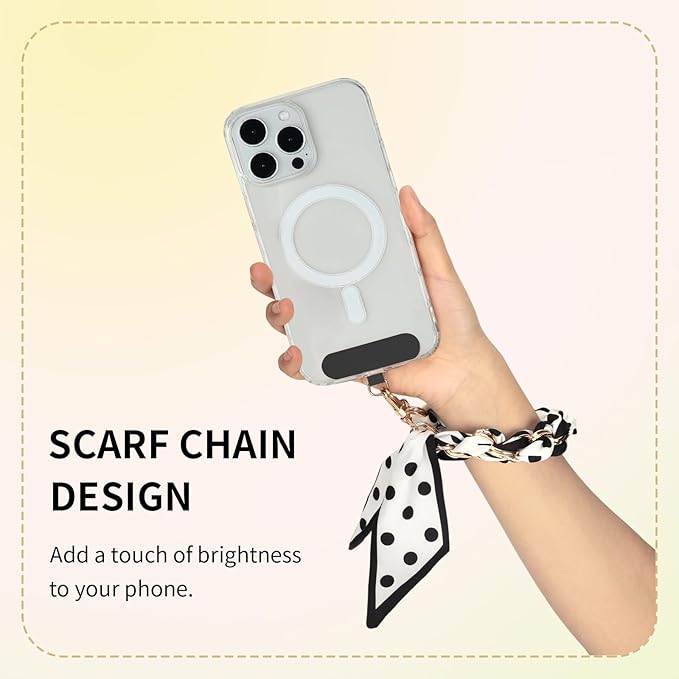 Fycyko Phone Wrist Strap with Gold Metal Scarf and Universal Tether Tab, Aesthetic Print Design Ribbon Chain, Multi-Purpose Accessories for Bag Key Cellphone for Men Women Girls-Black Polka Dot