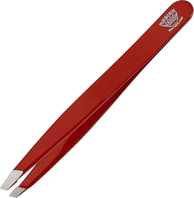 Slant Tweezer - Handmade in Switzerland - Professional Eyebrow & Facial Hair Remover - Etched Interior Grabs Hair from The Root - Perfectly Aligned Tips - Stainless Steel, Red