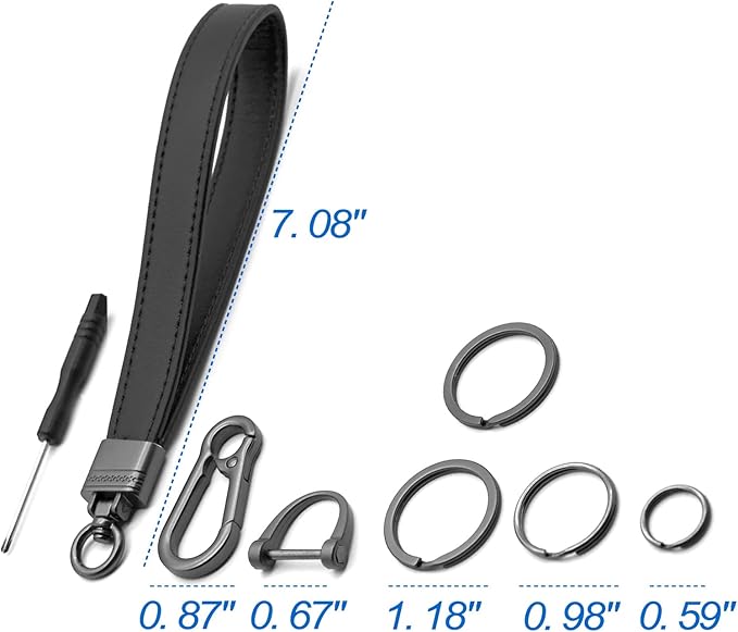 Car Fob Key Chain Genuine Leather Wristlet Strap Keychains Holder for Men and Women, 360 Degree Rotatable, with Anti-lost D-Ring, Carabiner Clip and 4pcs Key Rings, Dark and Black