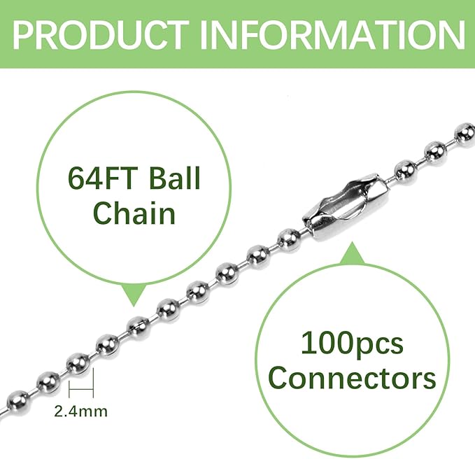64 ft Ball Chain,for Beaded Dog Tag Chains,Charms for Jewelry Making Bulk,for Crafts Pull Chain Extension,Silver Nickel Plated Metal 2.4mm Balls,100 pcs Ball Chains connectors