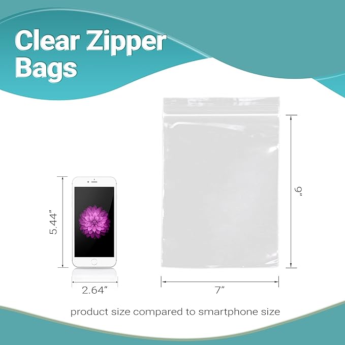 APQ Clear Plastic Reclosable Zipper Bags, 7 x 9 Inches. Pack of 1000 Reclosable Plastic Bags with Zipper Closure. 2 Mil Plastic Jewelry Bags. Waterproof Reclosable Zip Bags for Industrial Use