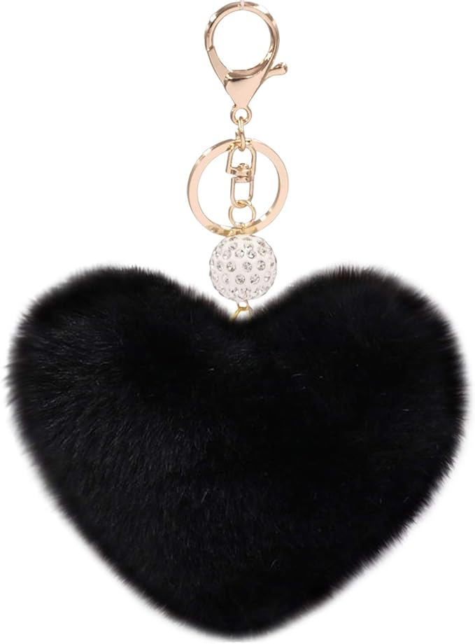 Women's Heart Faux Fur Pom Pom Key Chains Bag Accessory Puffball Keyring Backpack Charms for Girls