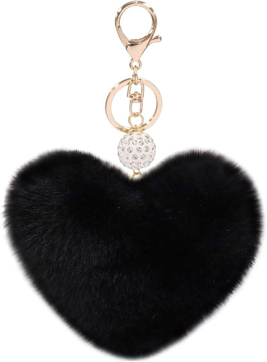 Women's Heart Faux Fur Pom Pom Key Chains Bag Accessory Puffball Keyring Backpack Charms for Girls