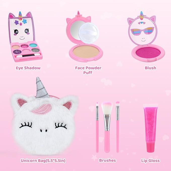 PERRYHOME Cute Kids Makeup Set Unicorn Washable Makeup Kit for Girls 3-12 with Mini Coin Purse - Real Cosmetic Non-Toxic Toddler Makeup Kit-Unicorn Toys for Girl - Birthday Unicorn Gift（White）