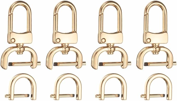 HARFINGTON 4pcs Detachable Snap Hook Swivel Clasp 5/8" (16mm) Zinc Alloy Lobster Claw Clasp with 4pcs D-Rings Screw in Shackle for Keychain Lanyard Purse DIY Purse Strap, Light Gold