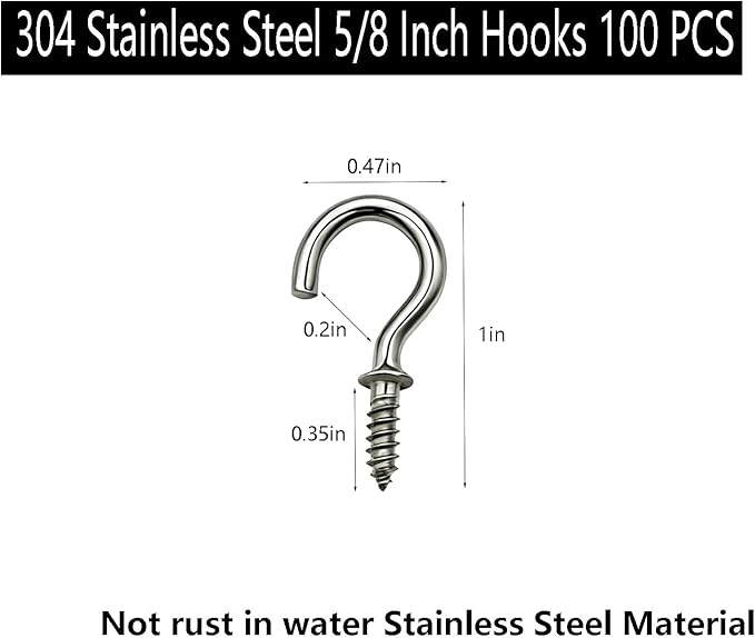100 Pcs (304) Stainless Steel Screw Hooks 5/8 Inch Small Hook Screw-in Light Hooks Outdoor and Indoor Hanging