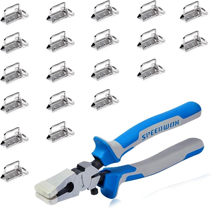 SPEEDWOX 20 Sets of Key Fob Pliers and 1.25 Inch Key Fob Hardware Sets with Keychain Split Rings White Nickel Webbing Fabric Strapping Glass Breaking Pliers Tools with Rubber Tips