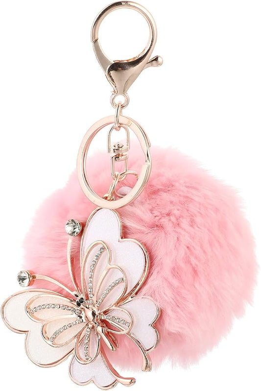 SUPVOX Diamond-encrusted Fur Ball Key Chain Pendant Butterfly Charm Pink Fuzzy Ball Key Ring for Bags Car Lightweight Creative Accessory