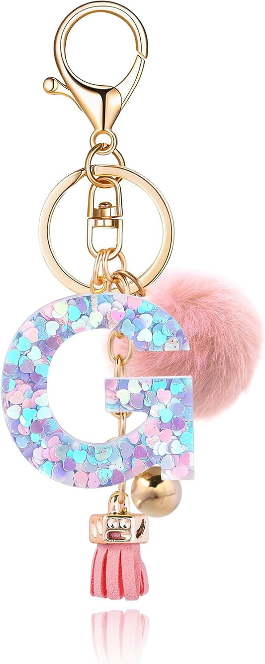 Resin Alphabet Initial Letter Keychain Keyring for Women Purse Handbags With Fur Ball Pom