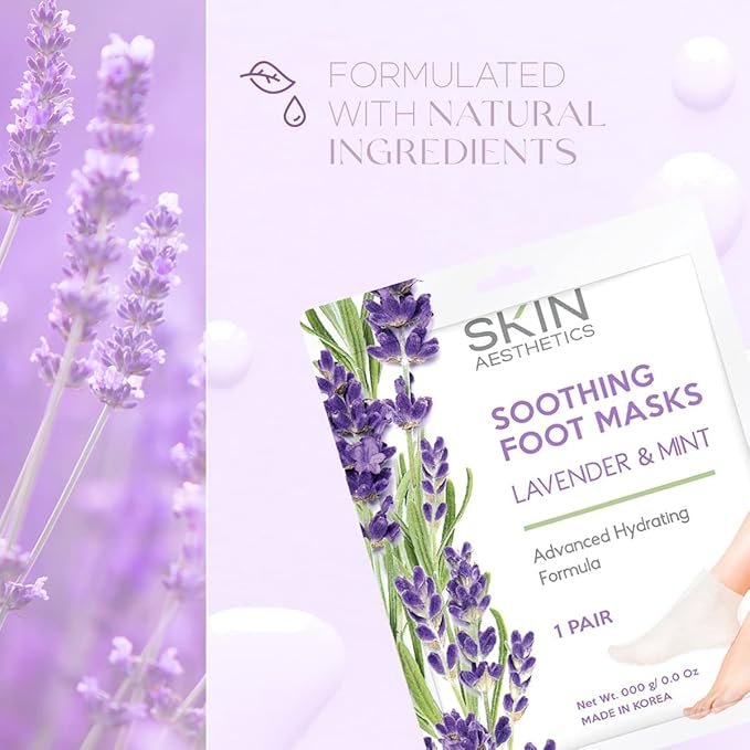 Skin Aesthetics Lavender & Mint Foot Masks - Repairs & Softens Cracked Feet, Hydrating & Exfoliating - Dermatologist Tested Korean Skincare - Clean Beauty, Natural Ingredients, Cruelty-Free - 3 Pairs