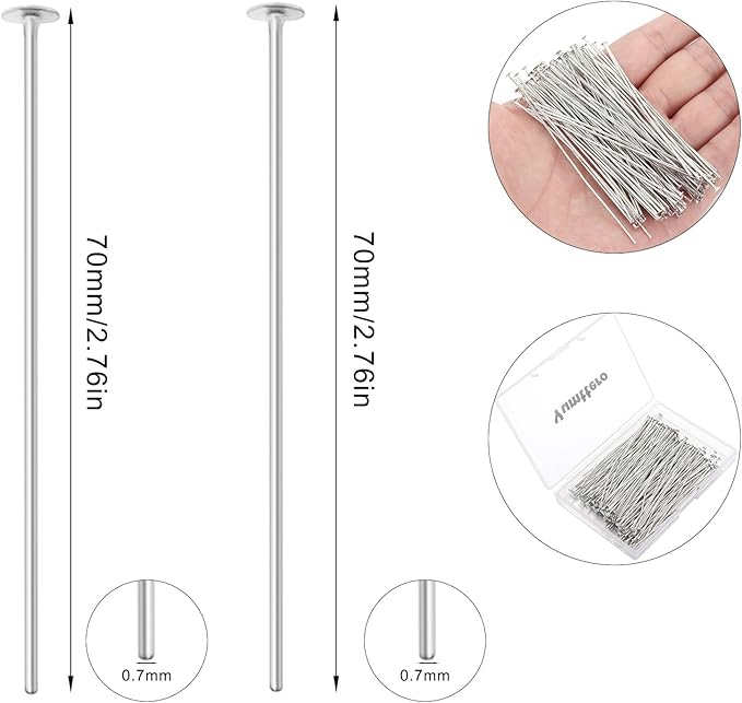 200 Pcs 70mm/2.76 Inch 21 Gauge Head Pins for Jewelry Making, Yumttero Straight Eye Pins for Craft Earring Bracelet Necklace Pendant Jewelry Making (Head Pins,Platinum Color)